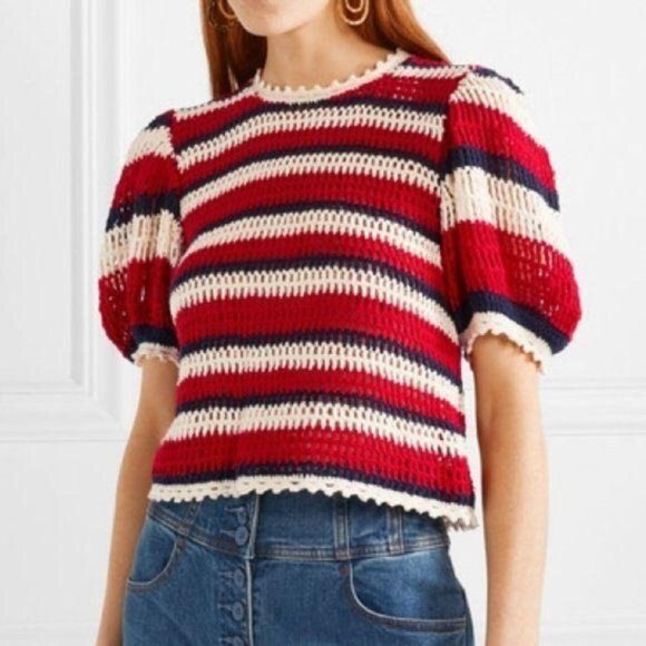 Ulla Johnson Sweaters - Ulla Johnson Amata Puff Sleeve Striped Sweater Red XSP